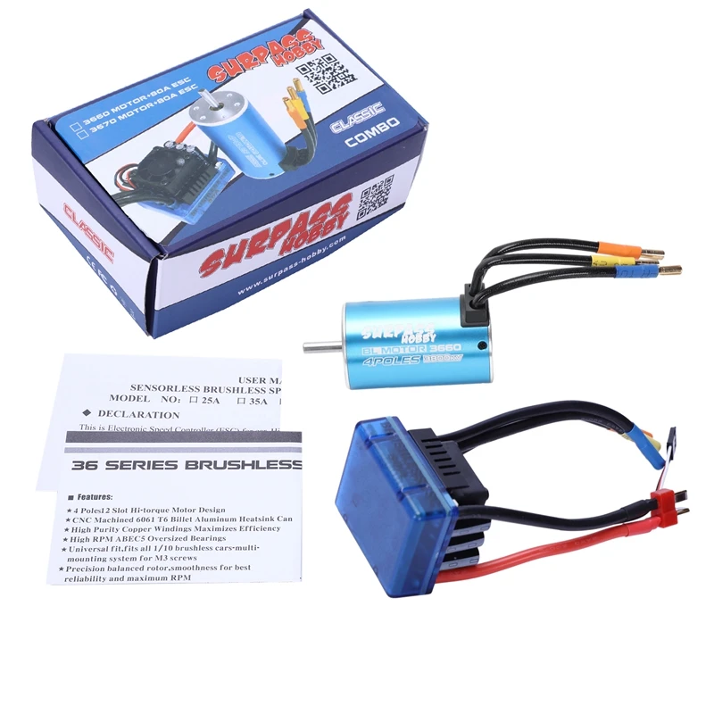 SURPASS HOBBY 3660 3800KV Бессенсорный бесщеточный двигатель с 80A ESC для 1/10 RC ралли автомобиля