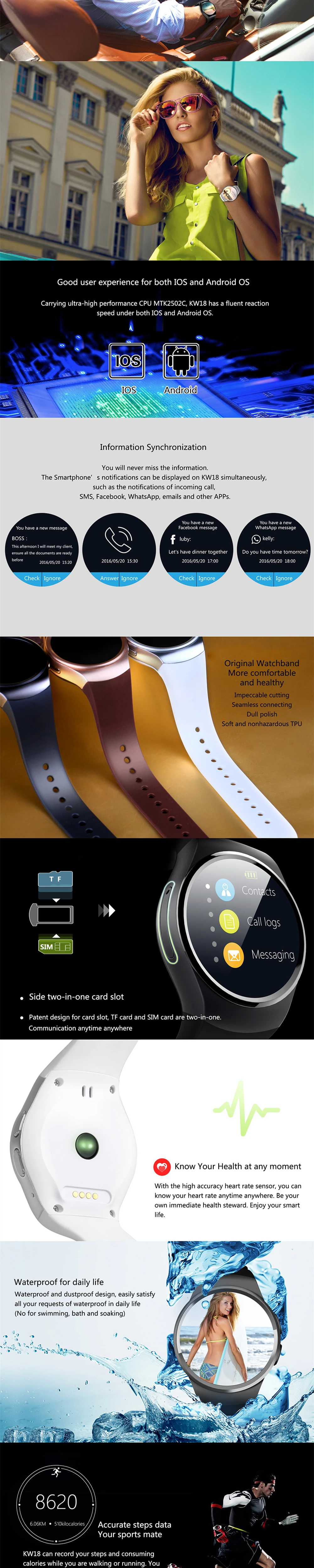 KW18 Bluetooth Смарт часы полный экран Поддержка SIM TF карты Smartwatch телефон сердечного ритма для iphone huawei xiaomi