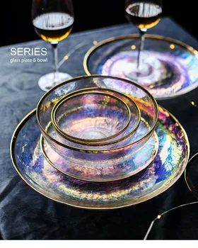 

Dazzle Color Painted Gold Glass Bowl Dish Seven Color Transparent Hammer Grain Glass Plate Salad Bowl Fruit Bowl Western Food