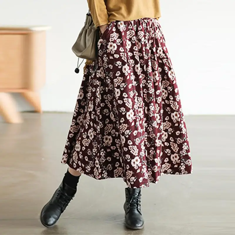 Johnature Новая модная Универсальная Женская плиссированная юбка средней длины с цветочным принтом Осенняя простая удобная юбка размера плюс - Цвет: Красный