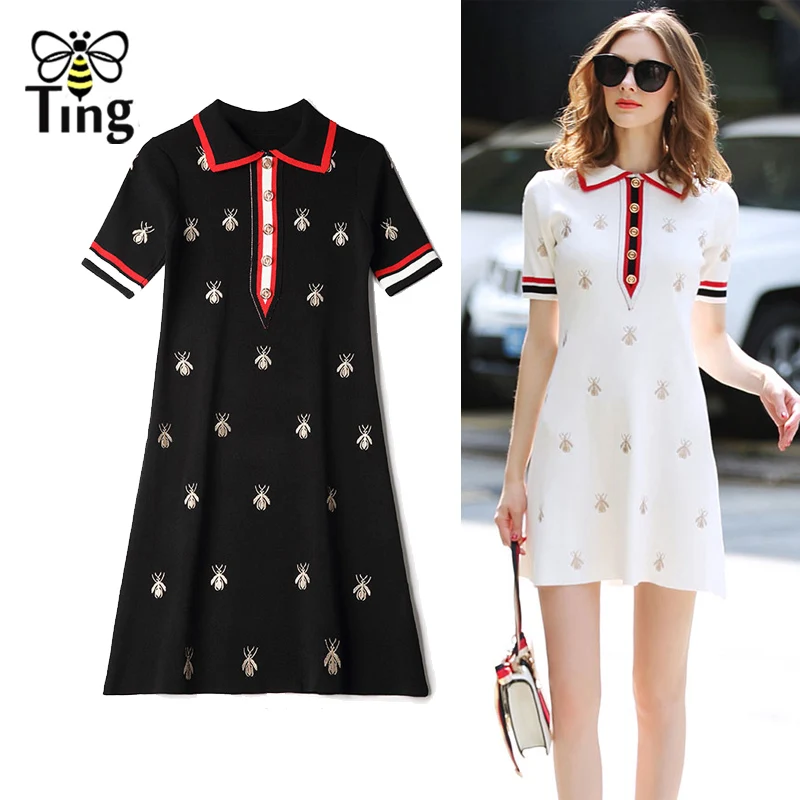 

Tingfly Designer Style Preppy Peter Pan Collar Bee Embroidery Mini Dress Lady Casual Bee Knitting Short Dress Vestidos Fashion