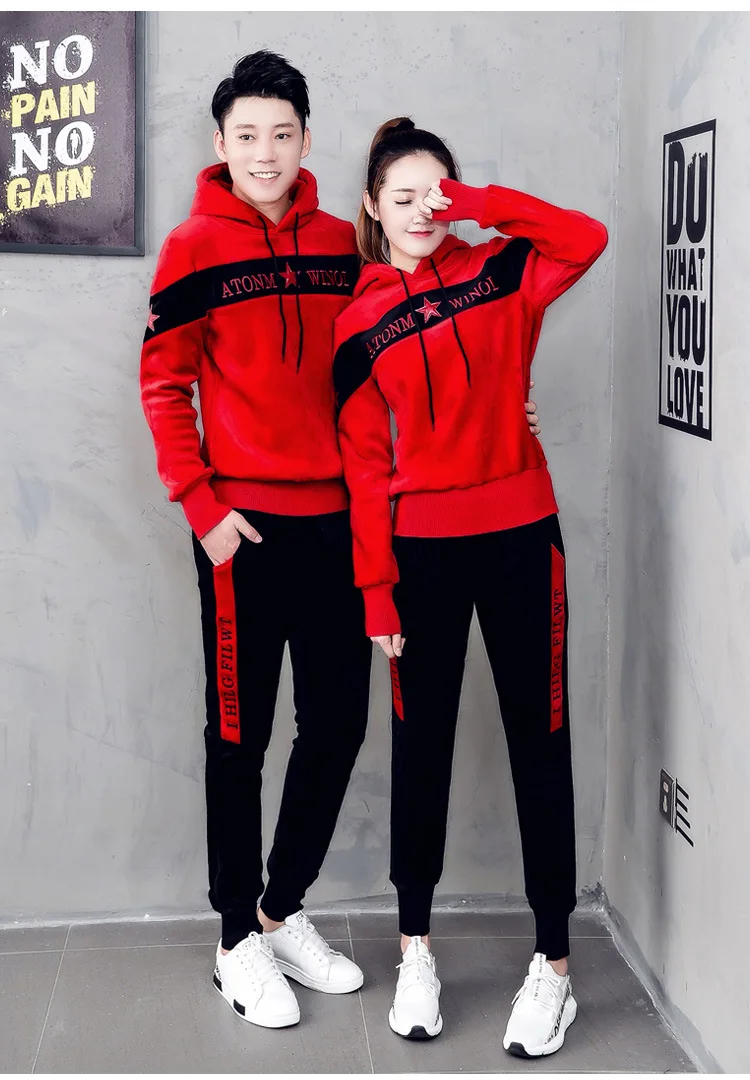 2pcs men red set Зимний женский спортивный костюм, зимнее плотное велюровое пальто с принтом, толстовка с капюшоном, свободные штаны, повседневный беговой костюм для бега, комплект спортивной одежды, спортивный костюм - Цвет: 2pcs men red set