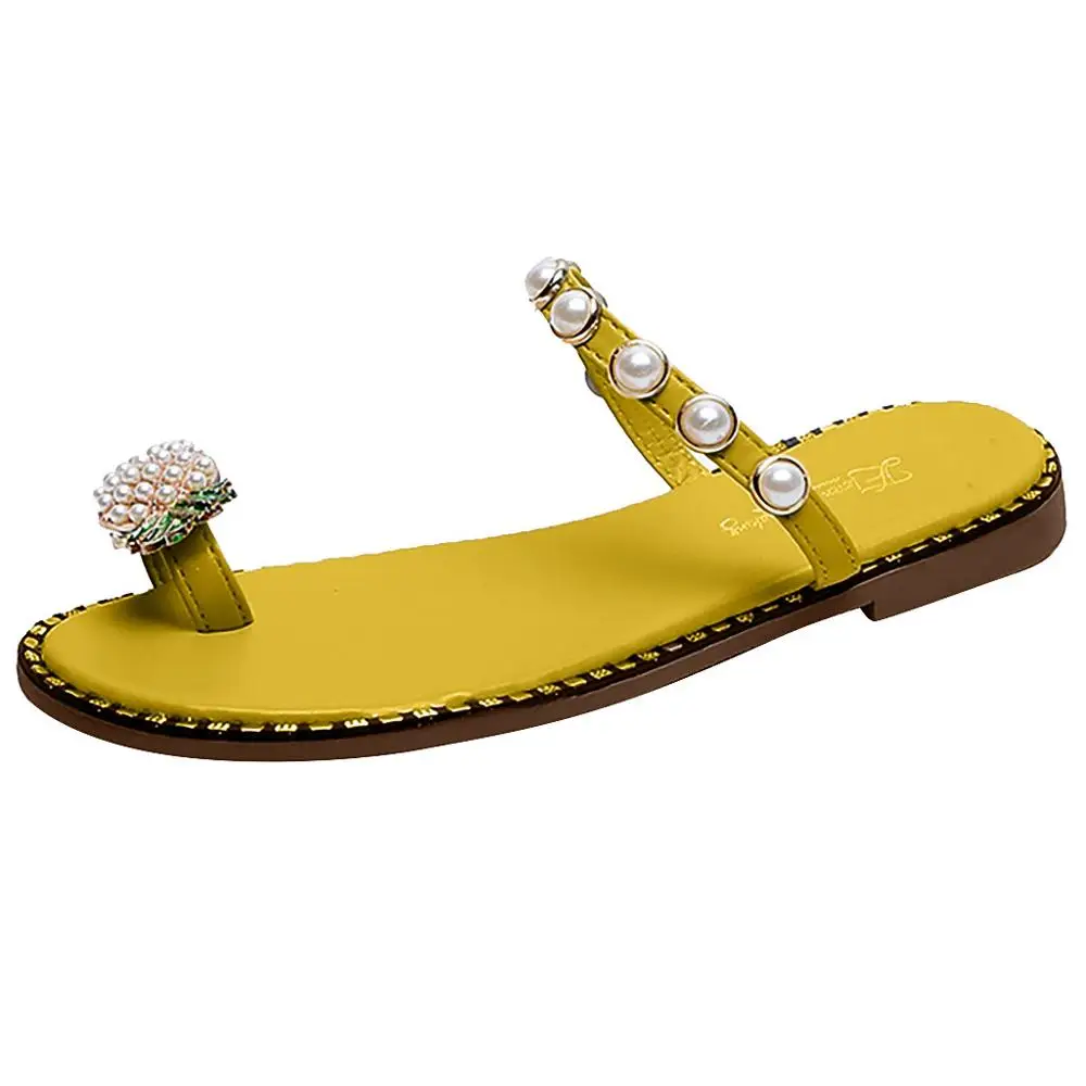 Женские роскошные шлепанцы в богемном стиле; сандалии на плоской подошве с жемчужинами; женские повседневные шлепанцы; пляжная обувь; Новинка года; Zapatos De Mujer - Цвет: Yellow 2
