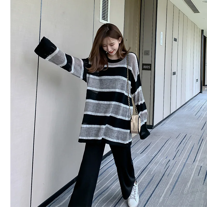 

Network Red Sweater Women's 2019 Early Autumn New Style Laziness-Style Loose-Fit Stripes Sweater Thin Hoodie with Sleeves F7681