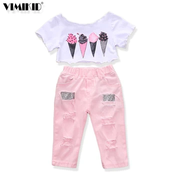 

2019 New Arrival Girls Clothes Suit Short-sleeved T-shirt Pants 2 Piece Set Ice Cream Dew Navel Sequin Hole Pants Kids Suit