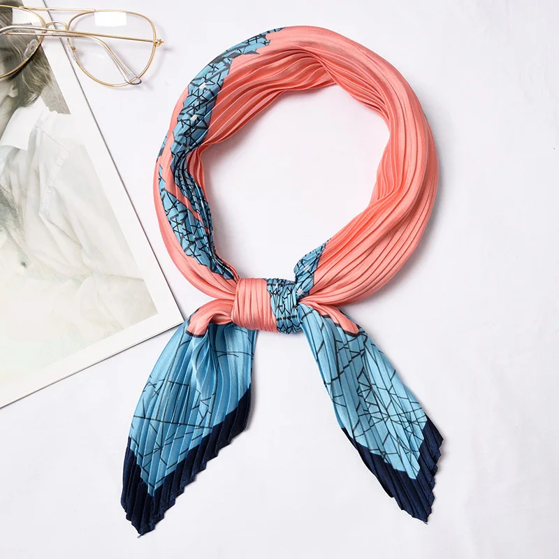 Сложенный плиссированный шелковый шарф, Изысканный Ретро Модный принт, украшение от морщин, солнцезащитный крем, дикое искусство, маленький квадратный шарф, размер 55*55 см - Цвет: 5