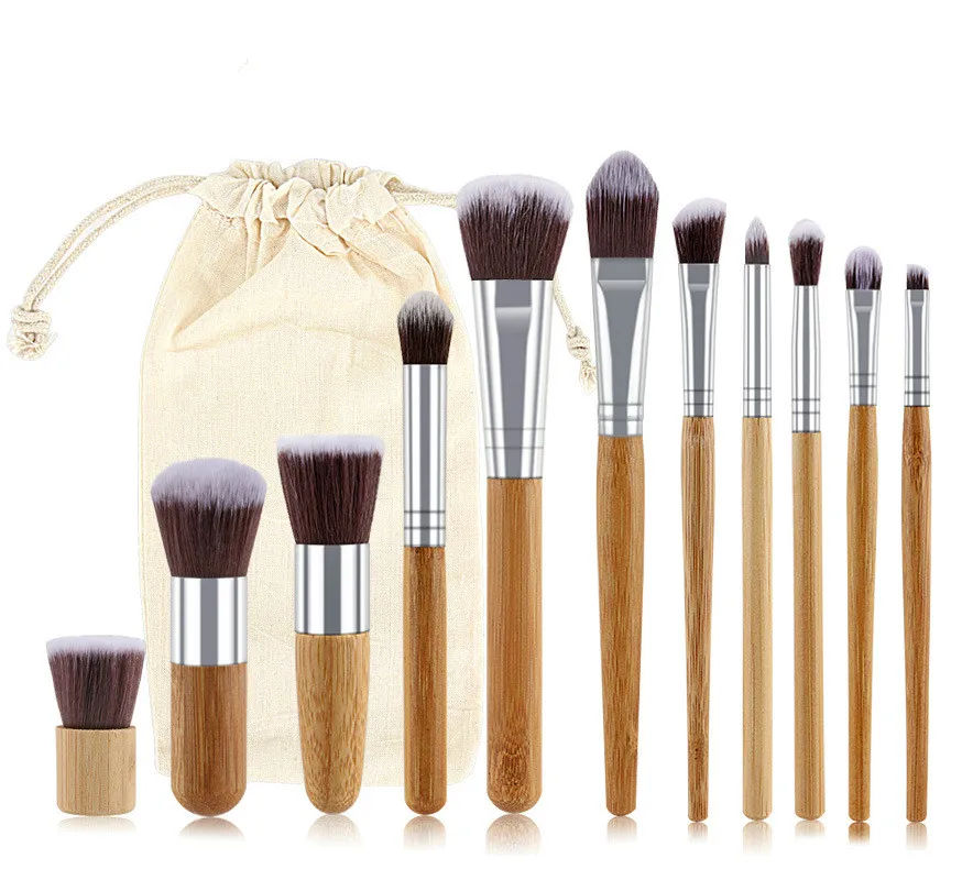 Hot 11pcs Natural Bamboo Handle Makeup Brushes Set High Quality Foundation Blending Cosmetic Make Up Tool With Cotton Bag | Красота и