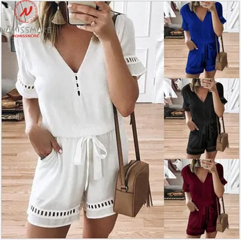 

Women Summer Casual Playsuits Hollow Out Drawstring Design Pockets Decor V-Neck Shorts Sleeve Mid Waist Solid Color Jumpsuits