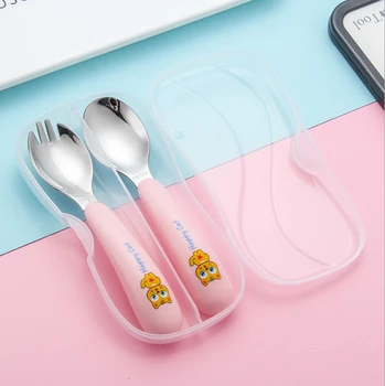 

1set Kids cat tableware portable set 304 stainless steel fork spoon baby elbow fork spoon tableware with box