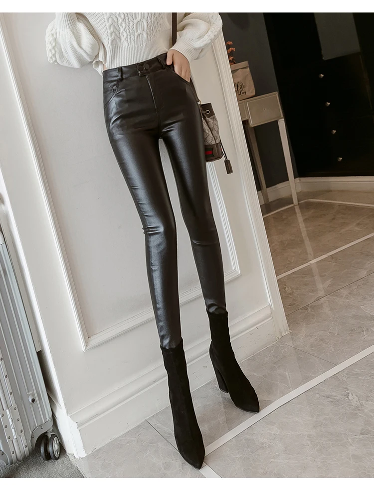 Женские зимние брюки-карандаш с высокой талией из искусственной кожи, повседневные теплые винтажные Стрейчевые обтягивающие брюки для женщин 3XL 4XL
