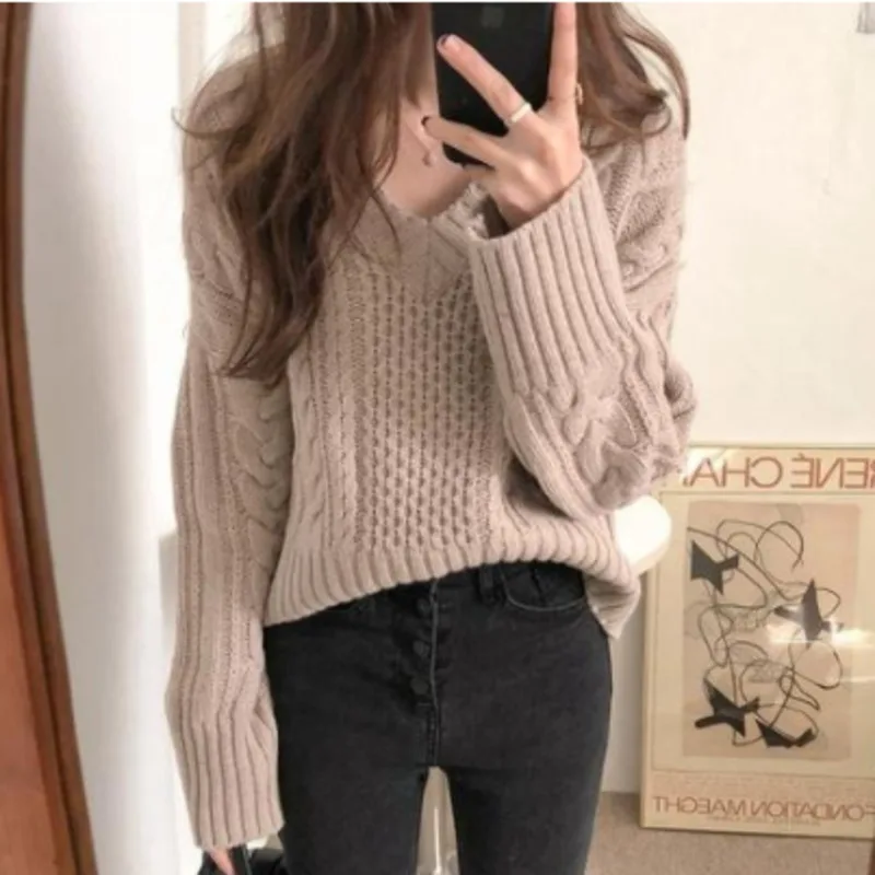 

V-neck Knitted Pullover Sweater Women CropTop Long Sleeve Korean Style Casual Fashion Sweater 2020 Autumn Winter Pull Femme