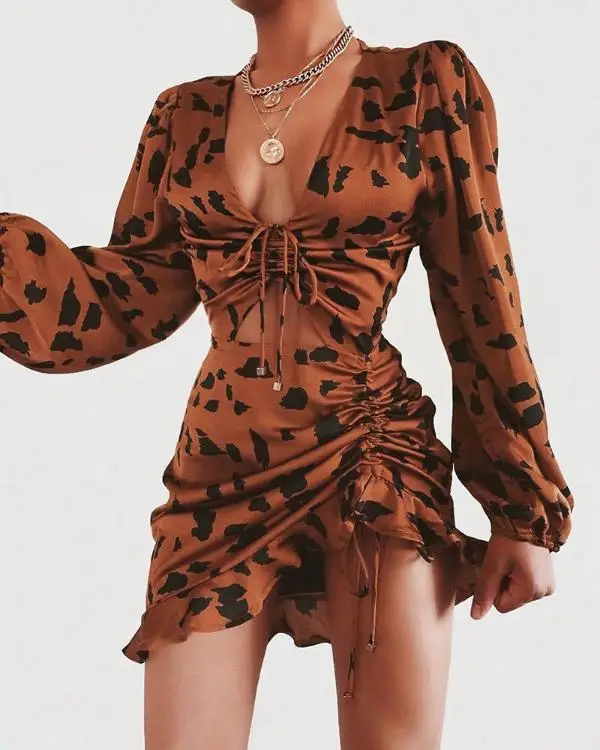 

Leopard Drawstring Design Ruffles Dress Irregular Long Sleeve Cut Front Sexy Dress Vestidos