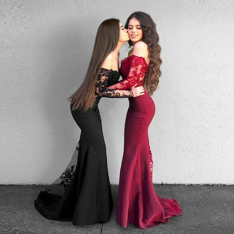Элегантное женское черное длинное вечернее платье 2019 сексуальное кружевное