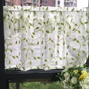 

1PC Green Leaves Embroidered Double Layer With Valance Short Curtains for Living Room Bedroom Kitchen Window Decor WP072S#4
