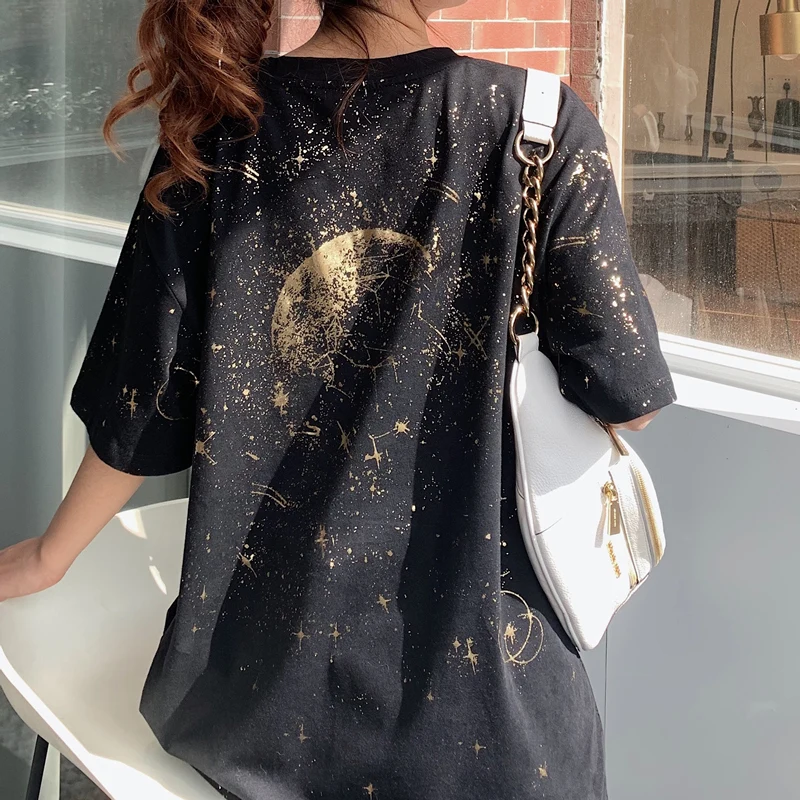 

2020 Spring Hot Stamping Short-Sleeved T-Shirt Women'S Loose Half-Sleeved Ins Harajuku Style Summer Dress Hong Kong Flavor New