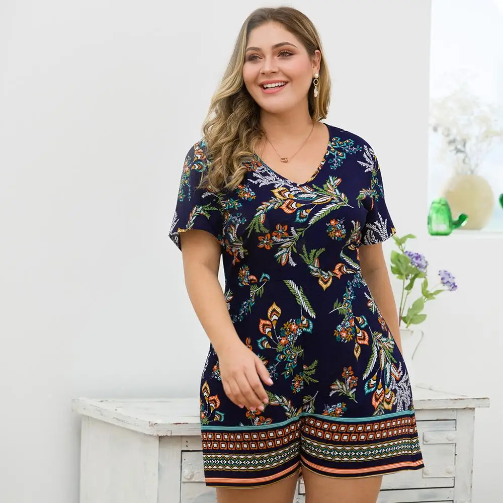 

Women Boho summer short rompers elegant jumpsuit Plus Size Floral Print casual Playsuits Short sleeve Vacation rompers ED