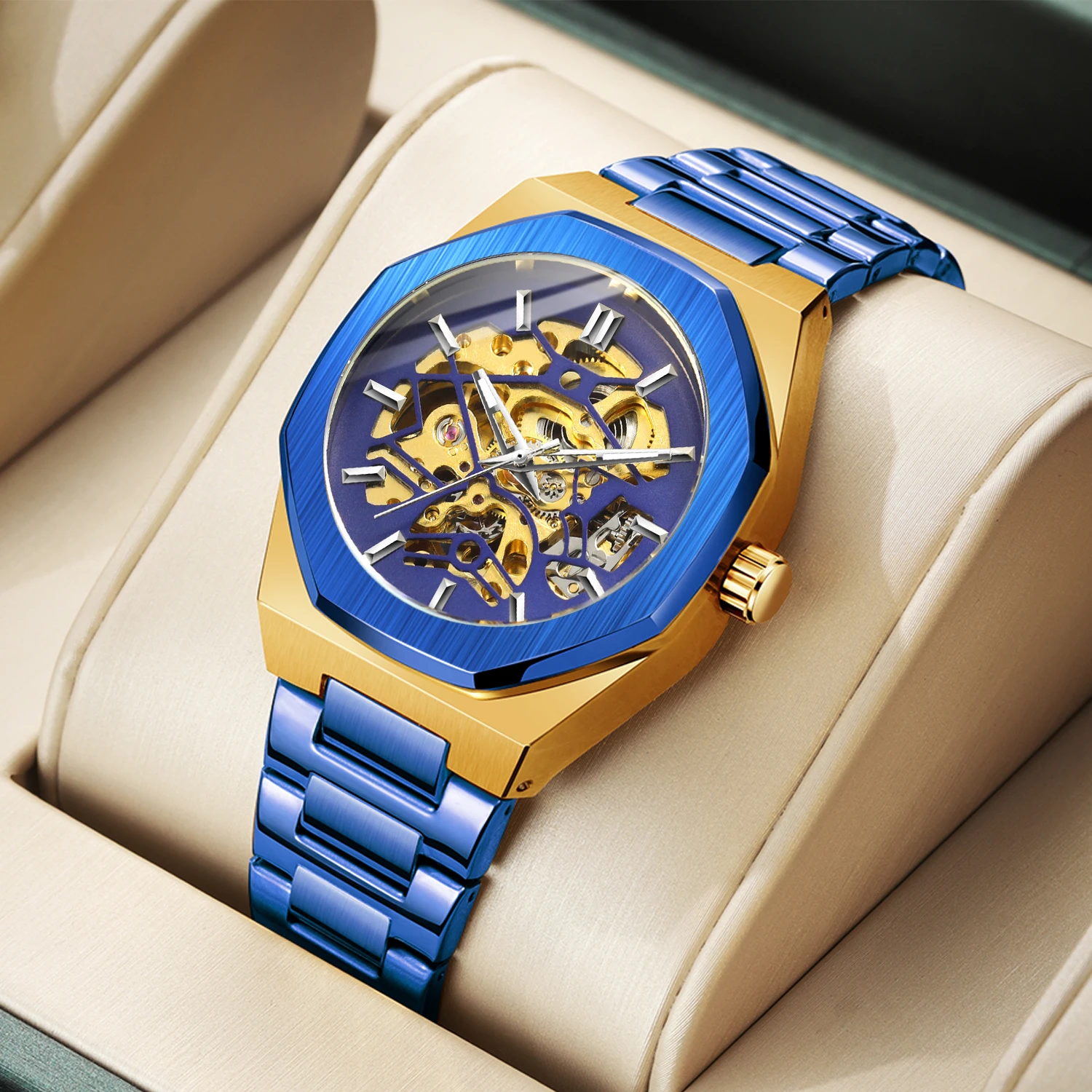 FORSINING brand watch men mechanical hollow watch fashion casual automatic blue stainless steel watch FSG8198
