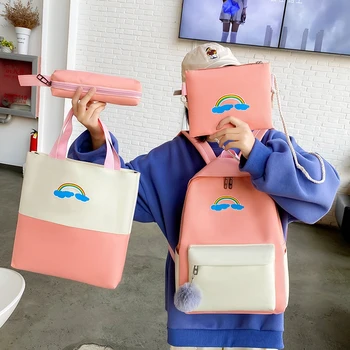 

4 Piece Set Backpack Casual School Bag For Teenage Girls Large Capacity Rucksack Anti Theft Bagpack Mochilas Female Knapsack