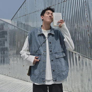 

Autumn Denim Vest Men's Fashion Solid Color Casual Vintage Cotton Vest Denim Jacket Men Streetwear Loose Denim Gilet Coat Male