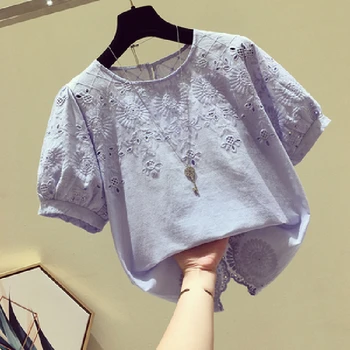 

COIGARSAM 4XL Plus Size Cute Short Sleeve blouse women New Summer Loose Hollow Out blusas womens tops and blouses Blue Apricot