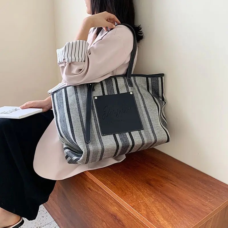 

Charm Women Stripe Large Handbag Canvas Shoulder Bags Lady Casual Wild Tote M6CC