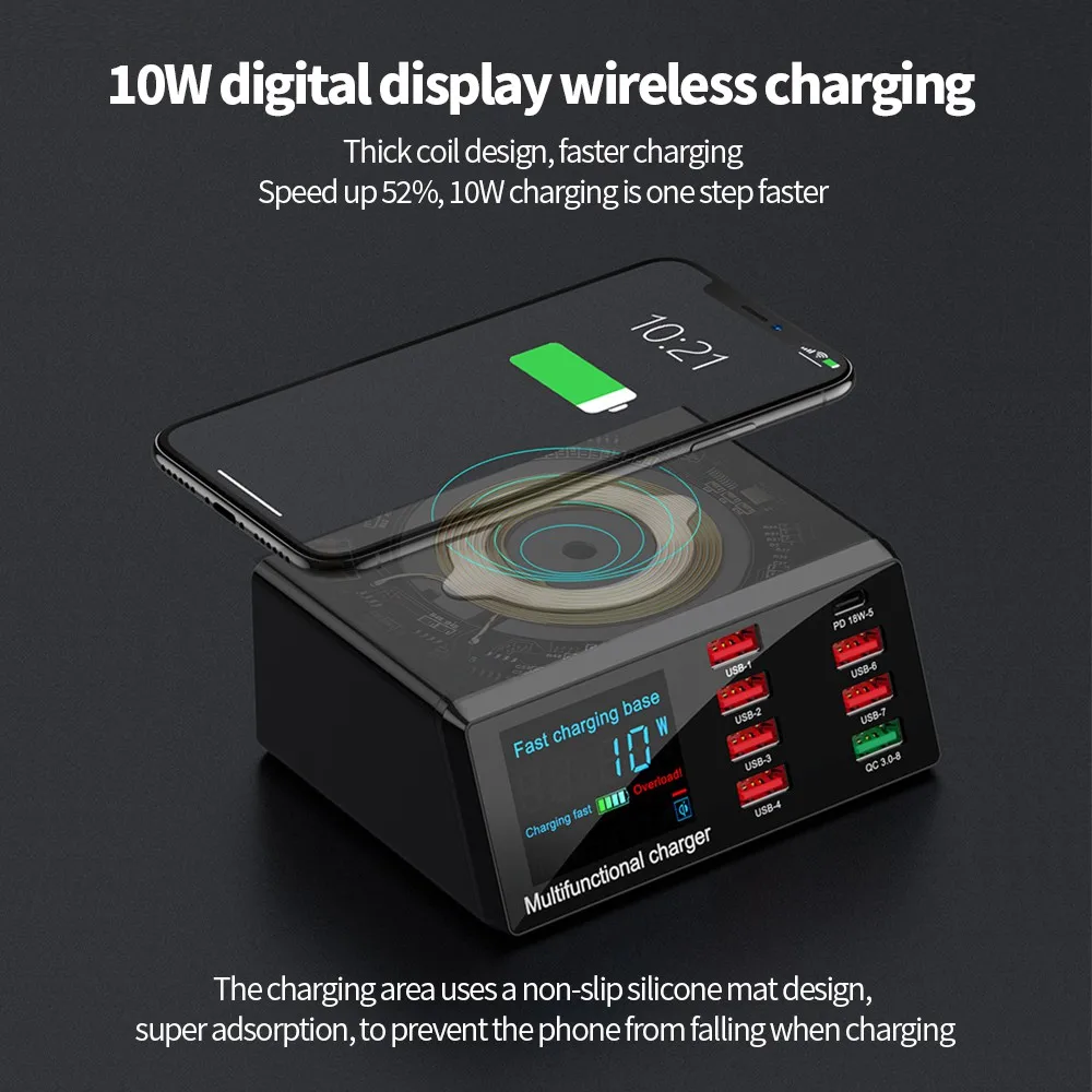 Intelligent LED Display Wireless Charger Dock QC 3.0 Fast Charging 8 Ports PD USB Chargers Desktop Adapter for iPhone and Tablet