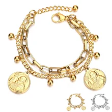Новое поступление двойной Религиозный браслет из нержавеющей стали для женщин женские золотистые бусины браслет подвеска с Иисусом дамские ювелирные изделия подарок