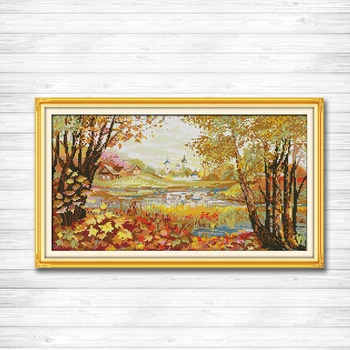 

Beautiful view of lake autumn forest Scenery Counted Printed on canvas DMC 11CT 14CT Cross Stitch kits needlework Set embroidery