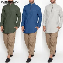 Винтажная Мужская рубашка, индийский костюм, стоячий воротник, хлопок, длинный рукав, простая пуговица, удлиненные футболки, мужская мусульманская одежда, INCERUN