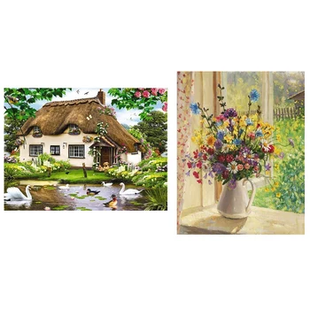 

2 Set Diamond Painting Art Kit Diy Cross Stitch By Number Kit Wall Decor No Frame, Swan & "Flower of Summer"
