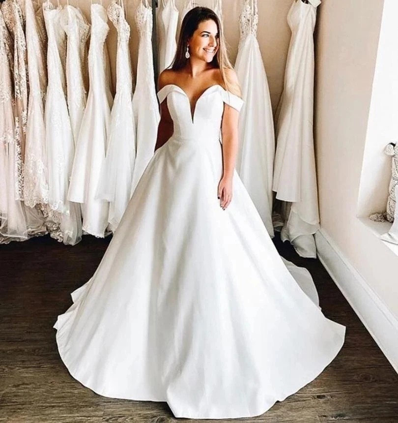 

ANGELSBRIDEP Off-Shoulder Ball Gown Wedding Dresses Robe de mariee Sexy V-Neck Satin Court Train Formal Bride Gowns Lace Up