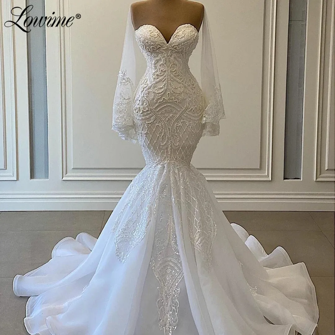 

Lowime Pearls Lace Mermaid Wedding Dress White Ivory Robes De Mariage 2021 Beaded Bridal Gowns Customized Arabic Bride Dresses