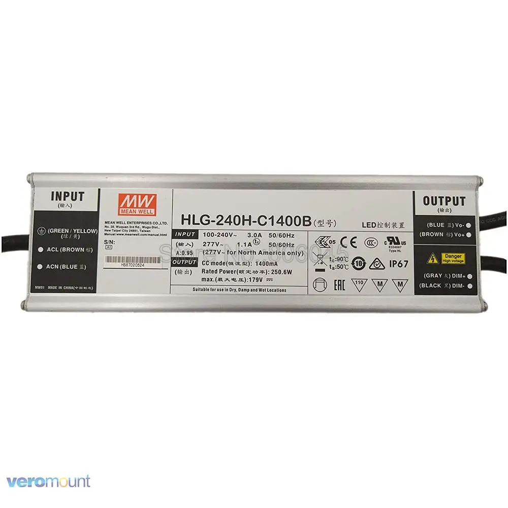Meanwell LED Driver HLG-240H-C1400B Dimmable 250W Power Supply AC Input DC 143V 1400mA for 5pcs Cree CXB3590 Clu048 1212 LED