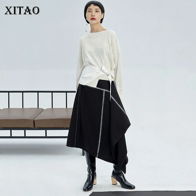 

XITAO Irregular Pleated Skirt Women Hit Color 2019 Autumn Patchwork Casual Plus Size Elegant Small Fresh Minority Skirt XJ2464