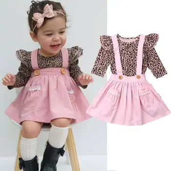 

2pcs Newborn Kids Girls Clothes Leopard Fly Sleeve Romper Tops+Pink Suspender Skirt Bib Dress Cute Baby Autumn Party Clothes Set