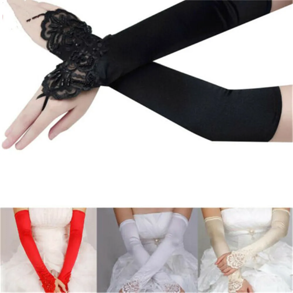 

Womens Long Gloves Fingerless Embroidery Lace Trim Bridal Wedding Accessor Gift