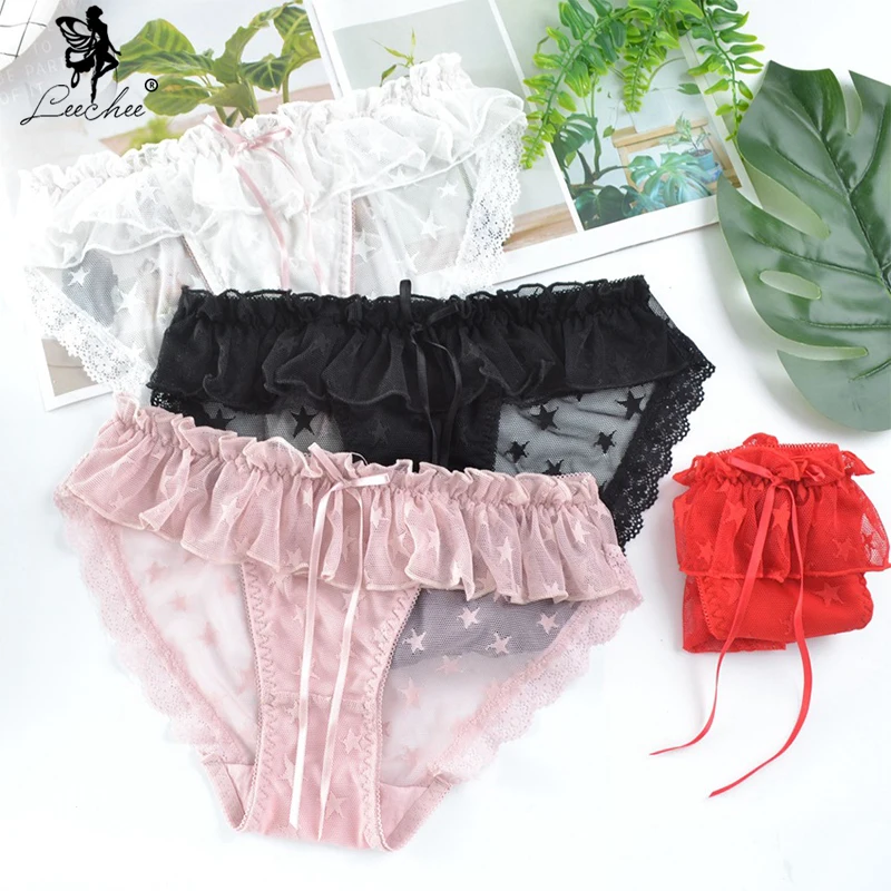 

Leechee New Girls Breathable Underpants Janpanese Mesh Lace Transparent Five-Pointed Star Flying Ribbon Bow Sexy Cutie Panties