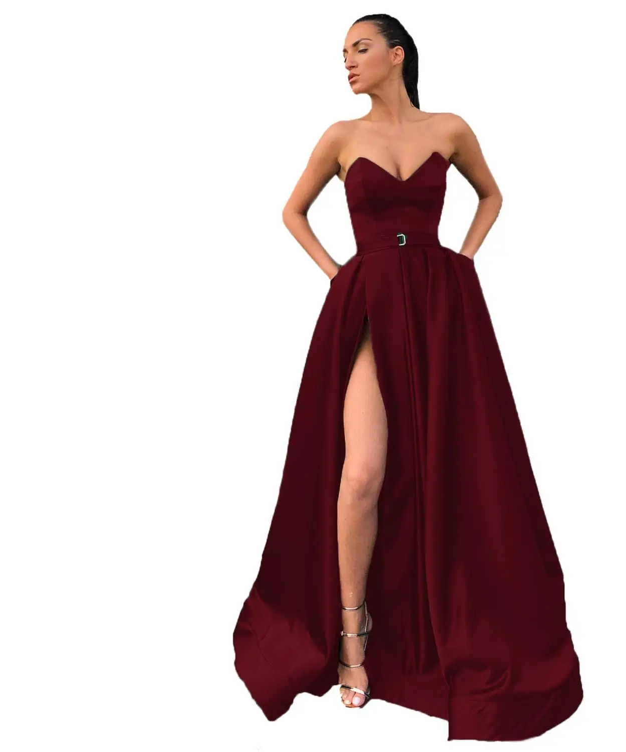 Бургундия HONGFUYU милое ТРАПЕЦИЕВИДНОЕ сатиновое бальное платье Изумрудное vestido de Baile с разрезом без рукавов vestido de festa Longos Выпускные платья - Цвет: Бургундия