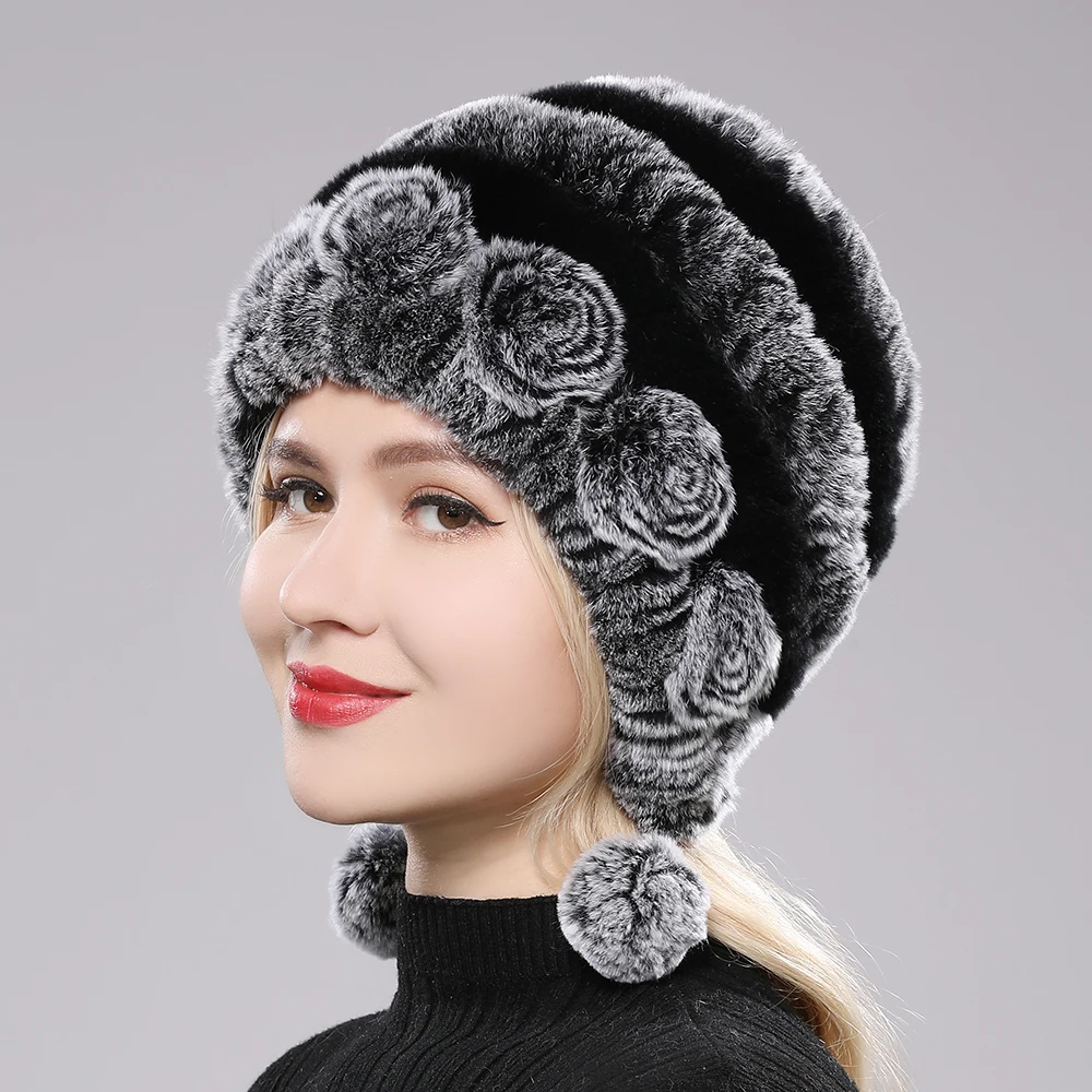 Hot Sale Winter Women Flowers Striped Natural Real Rex Rabbit - Main Image