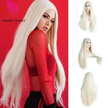 Фэнтези, ручная вязка, блонд, белый, длинный, прямой, высокая температура, волокно, жаростойкий, без клея, синтетический передний кружевной парик для женщин