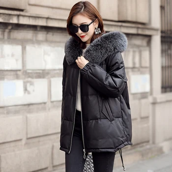 

2020 Real Genuine Down Jacket Women Winter Sheepskin Coat Hooded Korean Plus Size Womens Leather Jackets Loose KJ3520