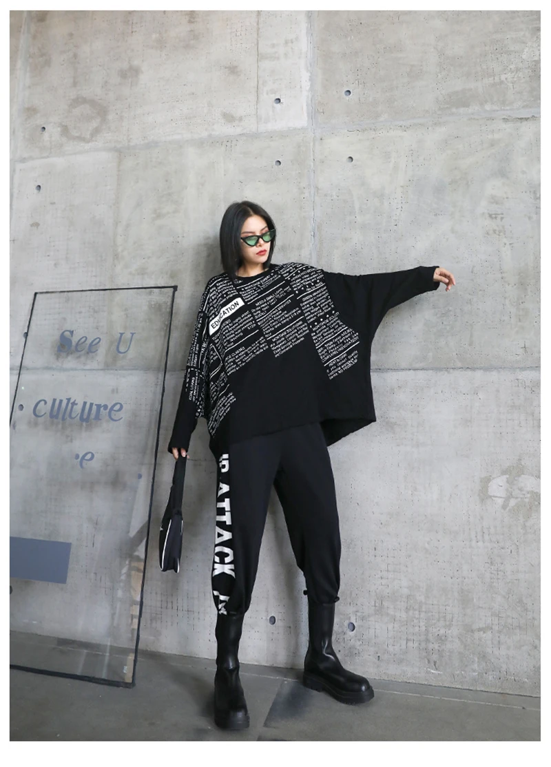 [EAM] Women black letter printed big size T-shirt New Round Neck Long batwing  Sleeve Fashion Tide  Spring Autumn 2020 1DA105