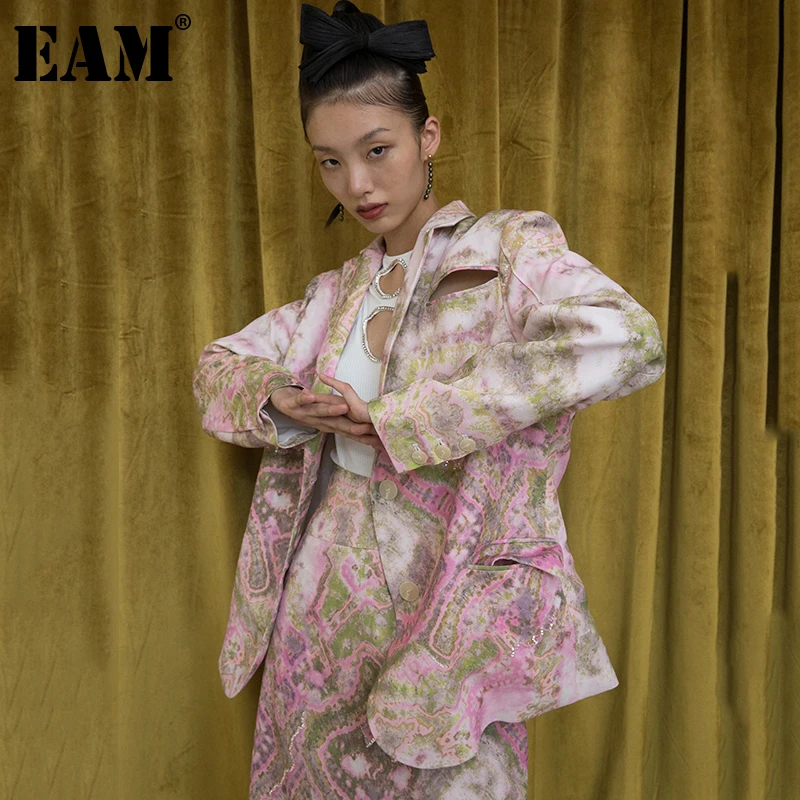 - EAM  Women Sequins Printed Big Size Blazer New Lapel Long Sleeve Loose Fit  Jacket Fashion Tide Spring Autumn 2021 1DA931