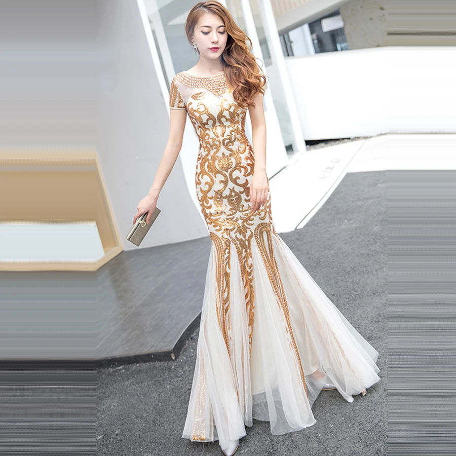Evening Dress O-neck Short Sleeve Robe De Soiree Sexy Backless Women Party Dress Floor Length Sequin Formal Gown F276-1