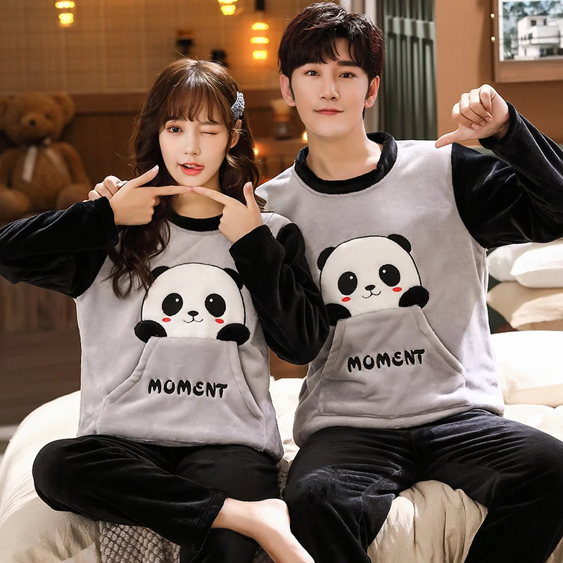 

Pajamas Sets Women Animal Panda Flannel Carton Fashion Men Long Sleeve Sleepwear Suit 2piece Sexy Winter Home Couple Lounge Gift