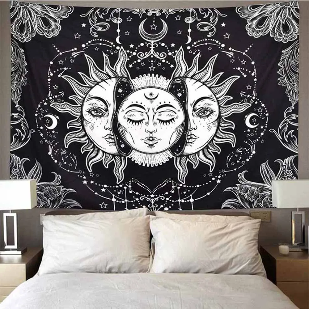 Tapiz de Mandala de sol y luna, blanco y negro, colgante de pared, Tarot, brujería, psicodélico, decoración de pared Bohemia, manta