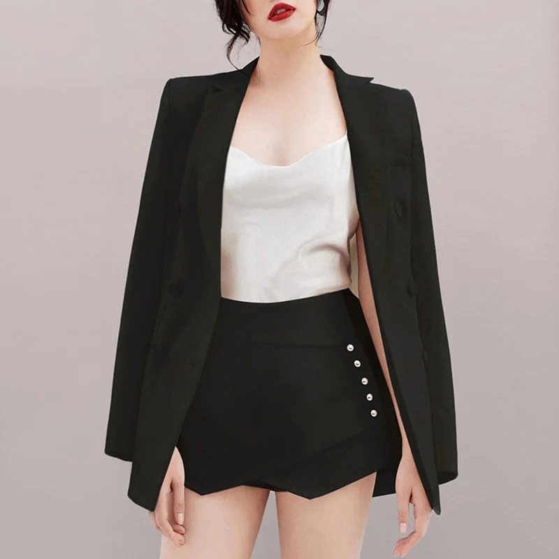 Max Spri Летний Модный комплект из 2 предметов для офисных леди, пальто с длинным рукавом, шорты на пуговицах, женские костюмы,, черный и белый цвета - Цвет: Черный