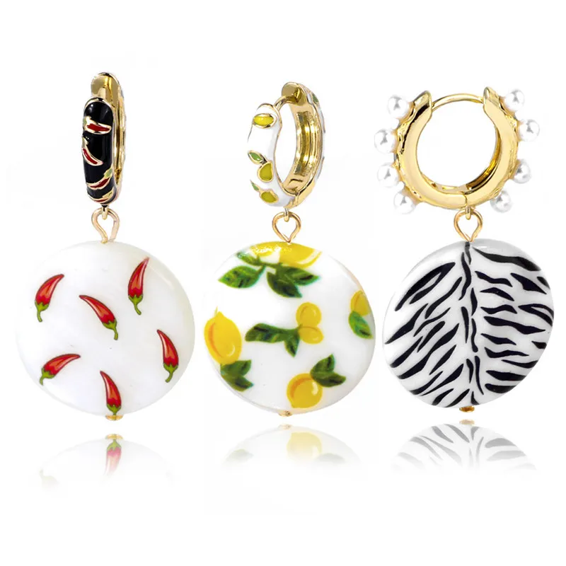 

KOMi Bohemian Hot Sale Lemon Chili Drop Earrings Seashell Enamel Metal Earrings for Women Girls Round Jewelry C0418