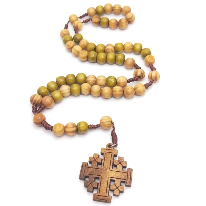 Jesus Wooden Prayer Beads 10mm Rosary Cross Necklace Pendant Woven Rope Chain Church Supplies Jewelry Accessories