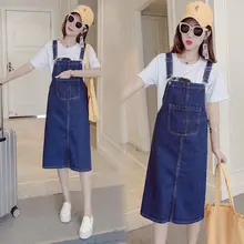 EAD, осенняя и зимняя одежда, Джинсовая юбка на бретелях, Женская длинная юбка, Корейская Повседневная Свободная юбка, прямая юбка